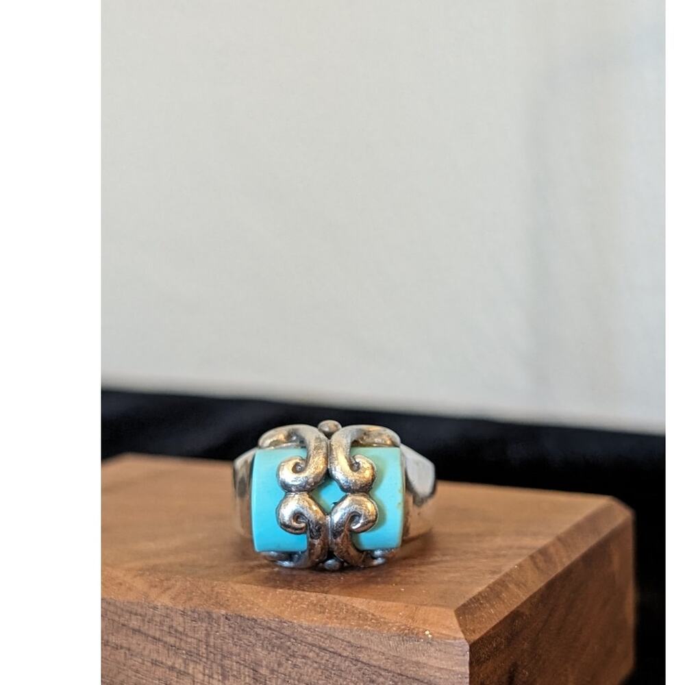 Southwestern Sterling Silver Swirl Filigree Wrapped Turquoise Ring Size 6.25